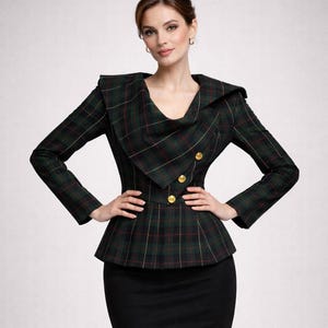 Green Tartan Asymmetrical Blazer Women, Plaid Structured Jacket, Gold Button Fitted Blazer, Elegant Office Jacket, Tailored Statement Blazer
