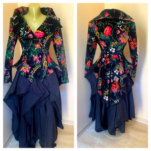Gothik Victorian Style Black  Velvet Womens Floral Jacket Tailcoat, Tuxedo tails women, Steampunk jacket, High low jacket, Burlesque coat