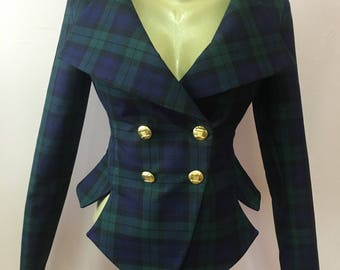 Tartan checked Navy Green tailored jacket, vintage style plaid jacket, Black Watch Check steampunk lady blazer