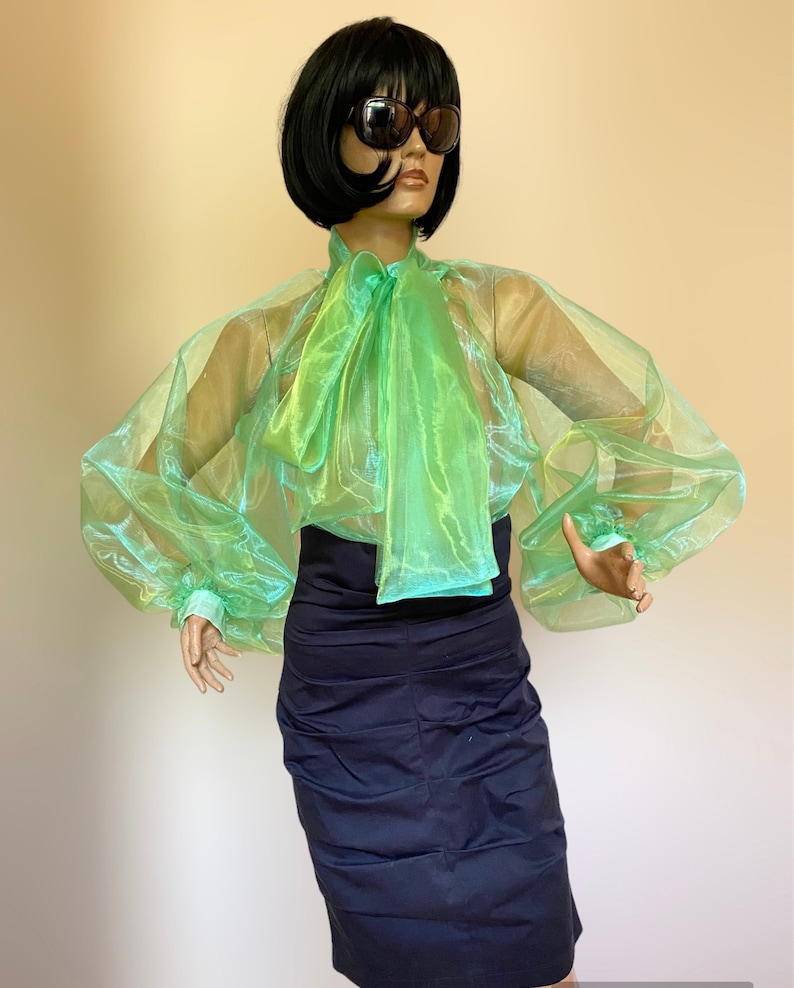 May include: A sheer green blouse with a large bow at the neck. The blouse has long, puffed sleeves and is made of a lightweight, translucent fabric.