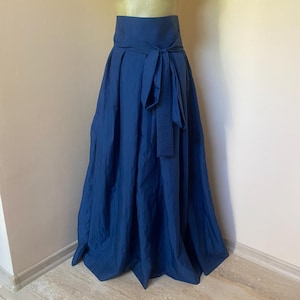 Blue Maxi, long lightweight taffeta skirt with high waist and side pockets, A - line floor length taffeta skirt