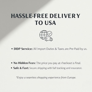 May include: White background with the text "HASSLE-FREE DELIVERY TO USA". Below the text is a graphic of a globe with a checkmark and a truck. Additional text includes "DDP Service", "No Hidden Fees", and "Safe & Fast".
