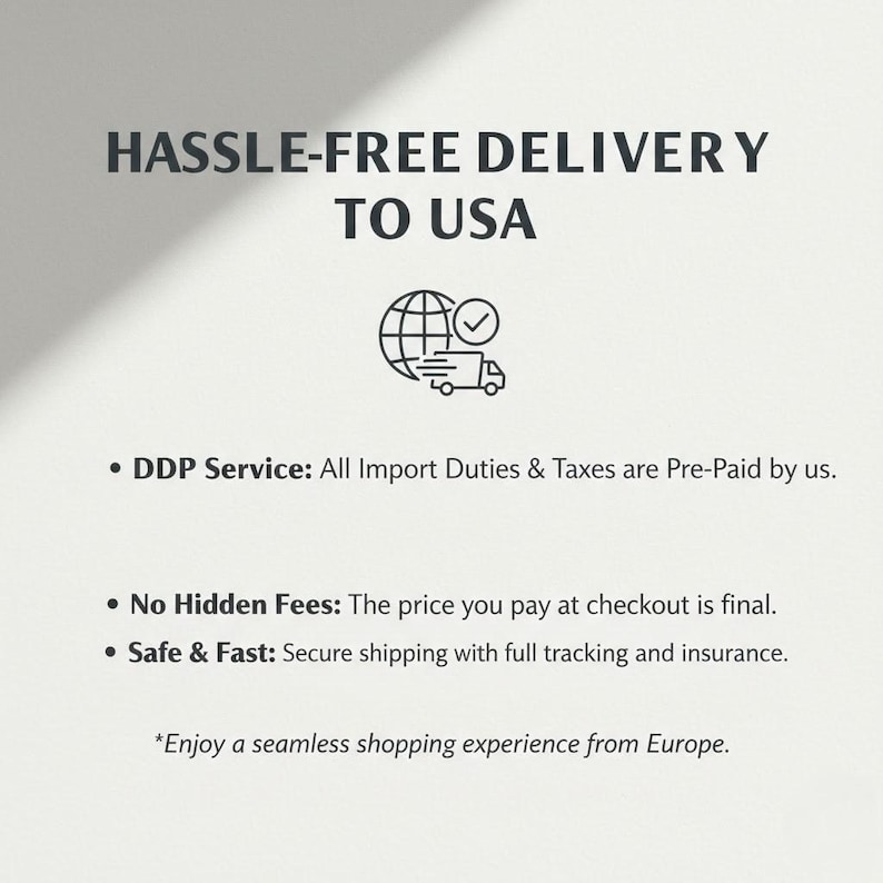 May include: White background with the text "HASSLE-FREE DELIVERY TO USA". Below the text is a graphic of a globe with a checkmark and a truck. Additional text includes "DDP Service", "No Hidden Fees", and "Safe & Fast".