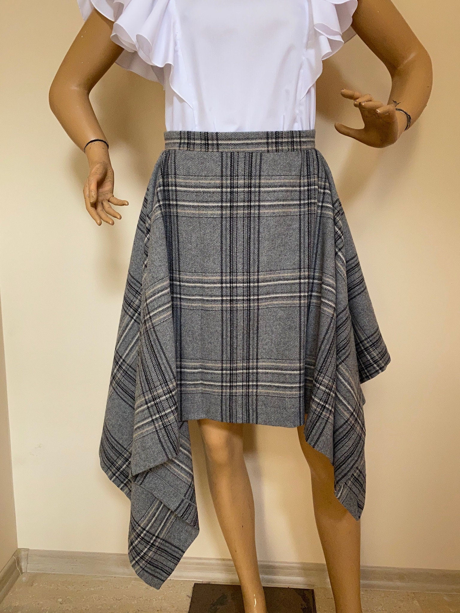 Wool Grey Plaid Skirt Asymmetrical Plaid Skirt Tweed Tartan - Etsy