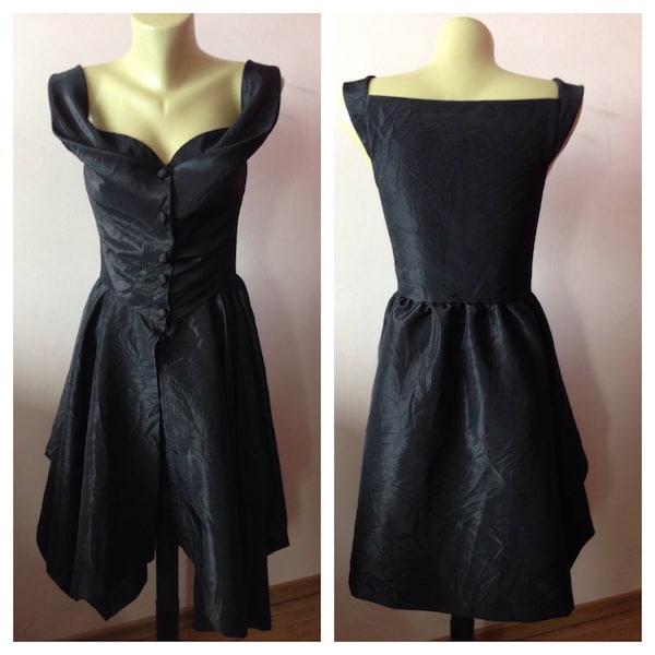Black Taffeta Corset Dress: Asymmetric Halter Evening Gown