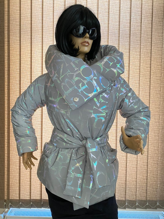 Gray Holographic Down Jacket Warm Winter Puffer Coat Reflective