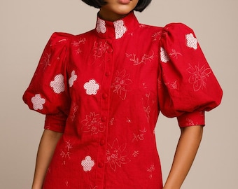Red Cotton Puff Sleeve Blouse | Vintage Inspired Embroidered Top | Elegant Button Up Shirt | Statement High Neck Blouse Women