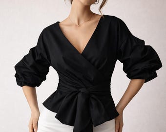 Black Wrap Blouse Women, Elegant Tie Waist Top, Puff Sleeve Black Top, Evening Blouse, Chic Minimalist Top, Date Night Outfit