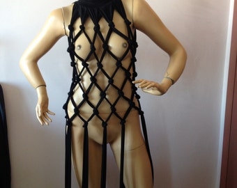 Black fringes fishnet Mesh Top,Fishnet dress,Netted Women Tops ,Go Go Dance Club Wear Rave,Black stretched cover up dress