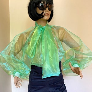 May include: A sheer green blouse with a large bow at the neck and long, puffed sleeves. The blouse is made of a lightweight, translucent fabric.
