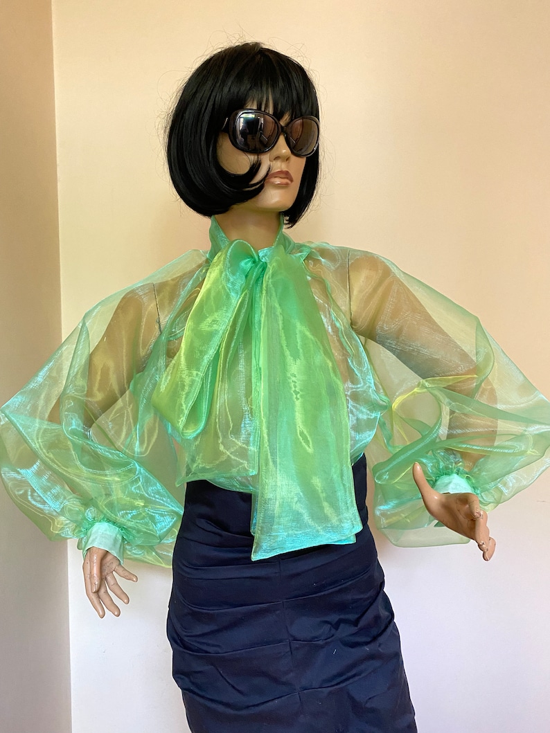 May include: A sheer green blouse with a large bow at the neck and long, puffed sleeves. The blouse is made of a lightweight, translucent fabric.