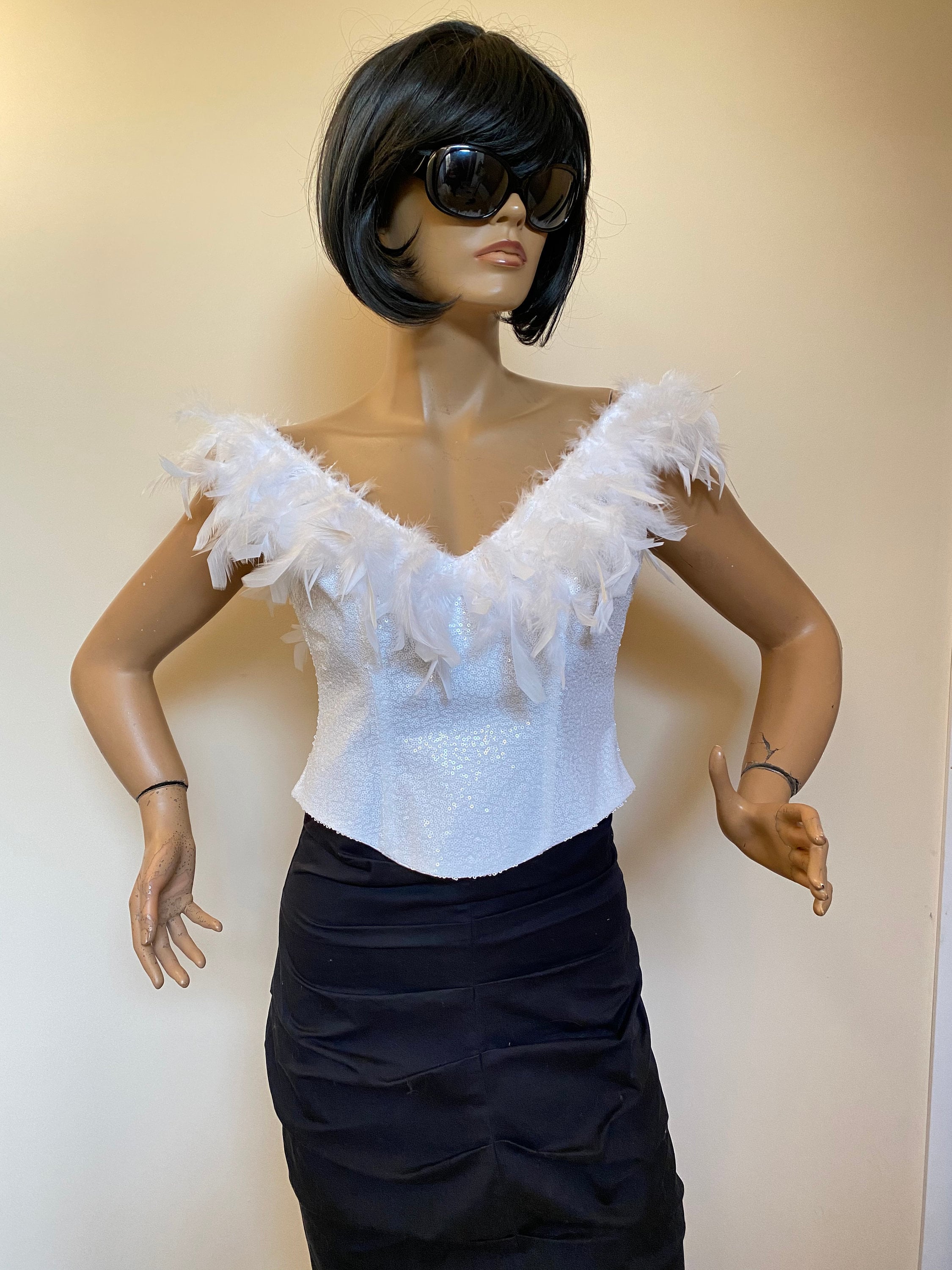 White Sequins Corset, Sequins Bustier, Fluffy Turkey Feathers Trimmed White  Sequin Top -  Canada