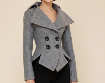 Blazer de lana gris para mujer, chaqueta cruzada entallada, ropa de oficina a medida