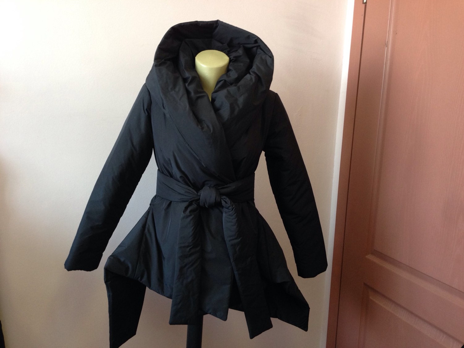 StudioMariya Black Women's Winter Jacket/ Down Hooded Coat/ Wraped Puffer Coat/ Black Parka with Hood