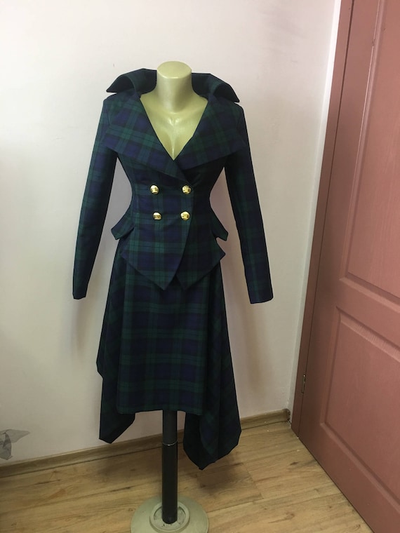 Black Watch Tartan Vintage Tartan Tailored Suit womens Plaid Jacket Lady Blazer asymmertic Skirt in Westwood Style Etsy