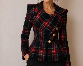 Tartan Plaid Tweed Jacket, Women's Fitted Blazer, Tailored Peplum Jacket, Asymmetrical Blazer, Structured Jacket, Handmade Coat
