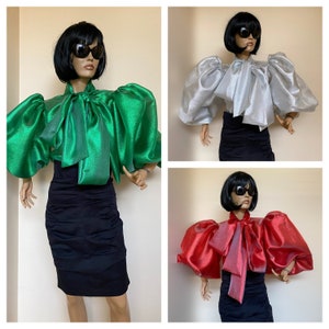 Formal metallic organza blouse with bow and extremely voluminous puffy sleeves in emerald green, red or silver