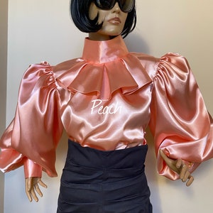 May include: A peach colored satin blouse with a high ruffled collar and long, puffed sleeves. The blouse has the word "Peach" written on the front.