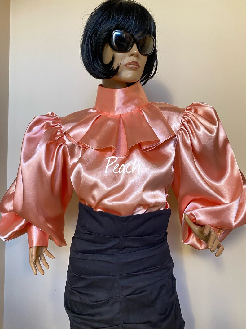 May include: A peach colored satin blouse with a high ruffled collar and long, puffed sleeves. The blouse has the word "Peach" written on the front.
