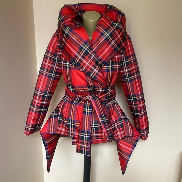 Handmade Red Tartan Puffer Coat | Asymmetric Hem Belted Jacket