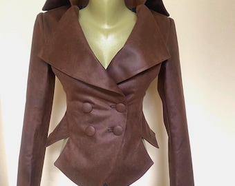 Brown Faux Leather Blazer Women, Fitted Waist Jacket, Double Breasted Blazer, Structured Jacket, Statement Blazer, Elegant Tailored Jacket