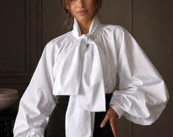 White Cotton Blouse, Bow Tie Neck  Shirt, Bishop Sleeve Top, Victorian Romantic Blouse, Handmade Cotton Top