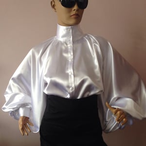 Formal Womens silk blouse/ White cocktail satin blouse/Victorian collar Blouse, Shirt