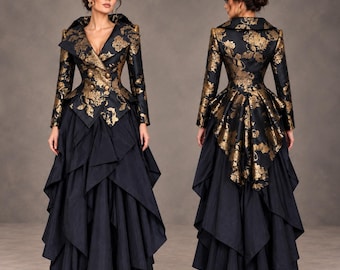 Black Gold Brocade Tailcoat Blazer, Gothic Fitted Jacket, Victorian Inspired Formal Jacket