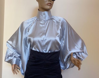 Gray formal women's satin blouse  White cocktail satin blouse, Victorian collar Blouse, Shirt