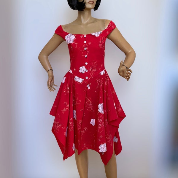 Steampunk Corset asymmetric cotton dress, Red embroidered cotton dress, Gothic sexy slim fitted dress, Red steampunk corset top