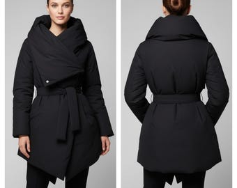 Black "Blanket Coat" | Elegant Asymmetrical Winter Wrap Coat with Tie Belt | Oversized Puffer Jacket