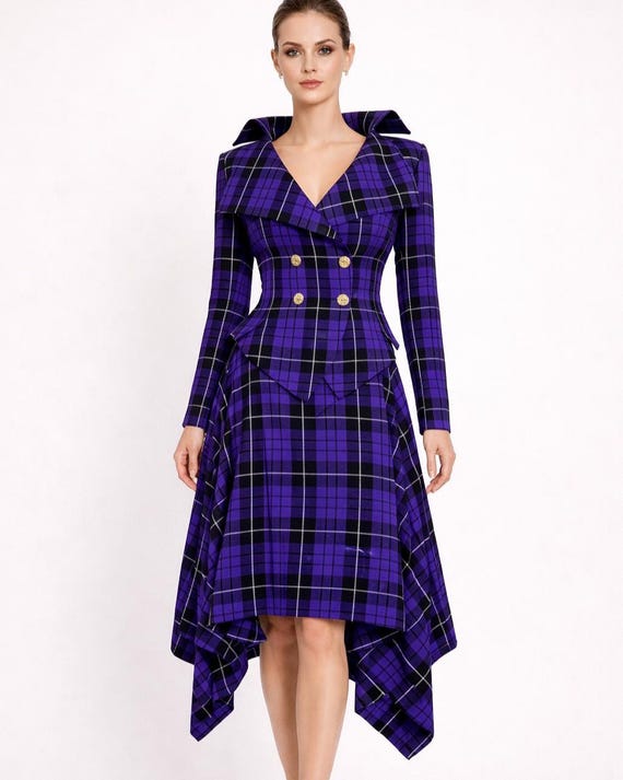 Purple Tartan Suit Set, Plaid Skirt Suit Women, Elegant Double Breasted Blazer, Violet Check Suit, Tailored Women Suit Set