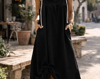 Black Linen Kaftan Dress, Loose Linen Maxi Dress, Oversized Summer Dress with Pockets, Minimalist Linen Dress, Resort Wear Dress