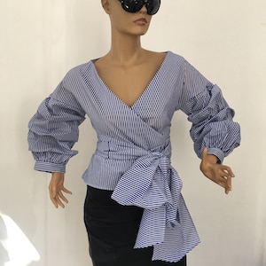 Wrapped top,Black Minimalist/Assymetrical Lagenlook Blouse, Striped top, Puff sleeves top,  Extravagant Top
