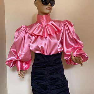 Formal pink Satin Blouse with Victorian Collar and Puffy sleeves image 5