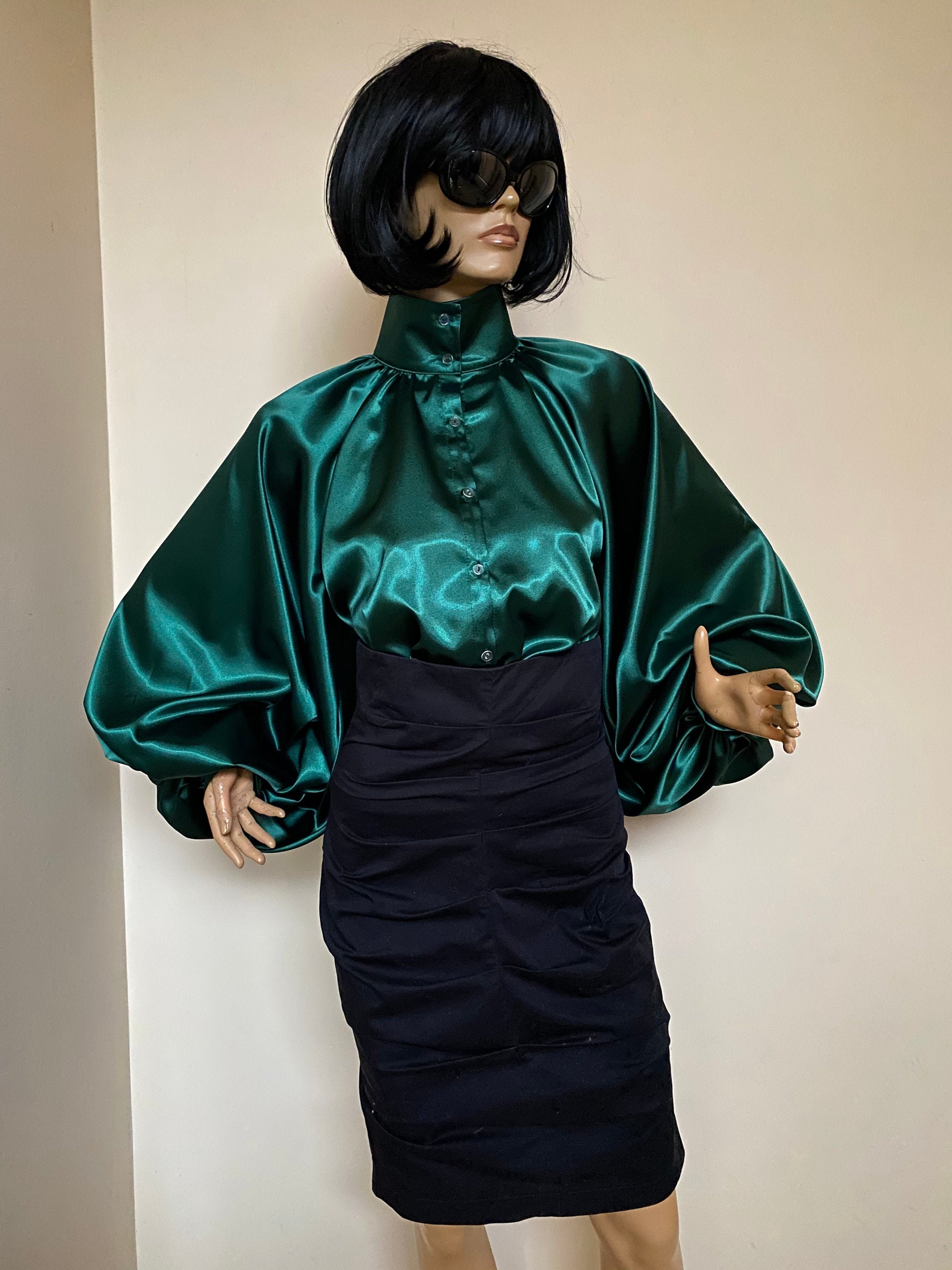 Formal Womens satin blouse, Green cocktail satin blouse, Victorian collar Blouse, Shirt, Puffy sleeve blouse