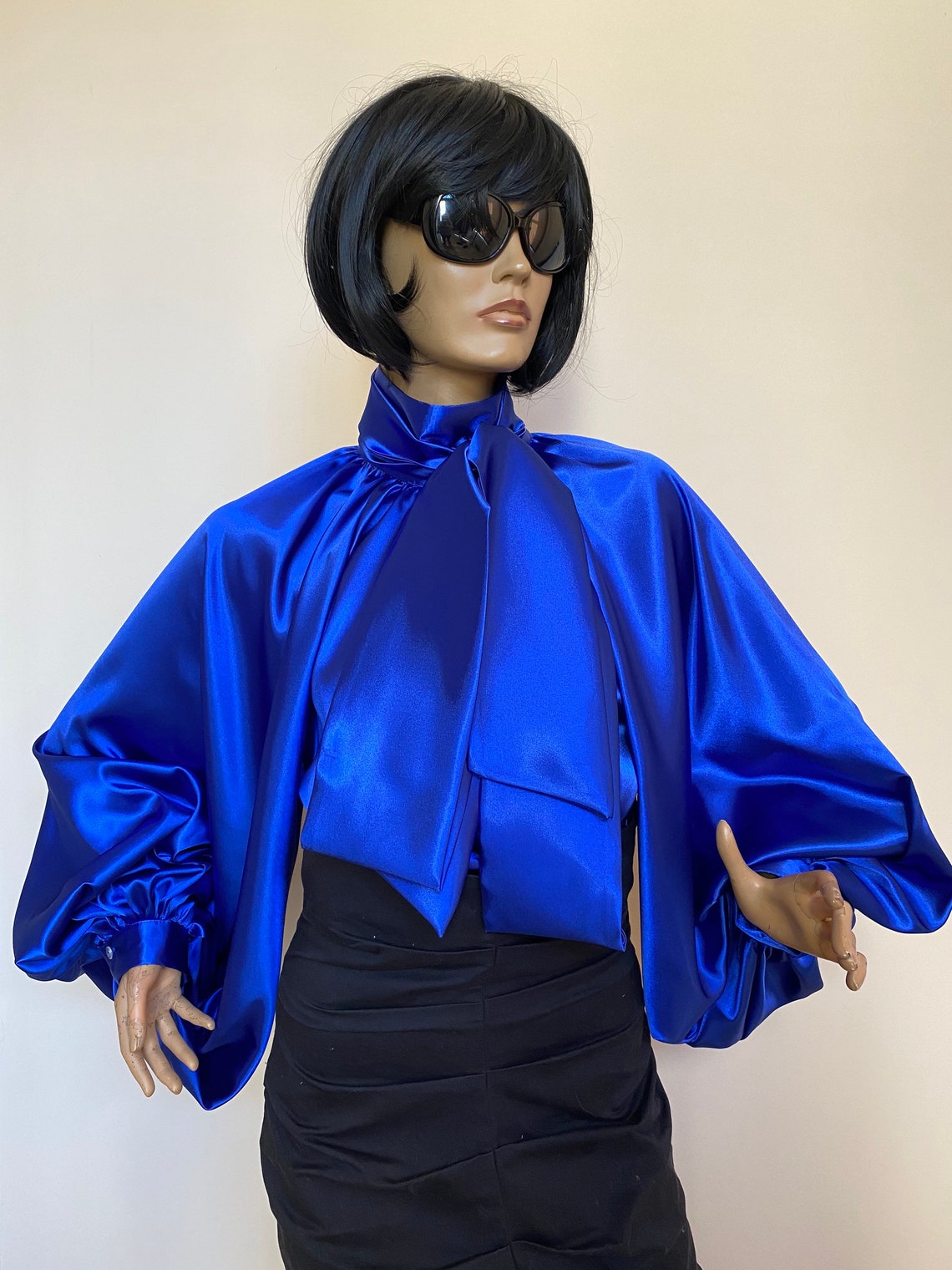 Formal Womens satin bow blouse Blue cocktail satin blouse Etsy