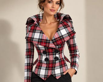 May include: A long-sleeved blazer featuring a red, white, and black plaid pattern. The garment has a wide, oversized collar, a double-breasted front closure with four large black buttons, and a fitted waistline paired with solid black trousers.