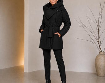 Chaqueta acolchada negra, abrigo corto de invierno con cinturón, chaqueta acolchada con cuello extragrande, abrigo moderno tipo chal para mujer.