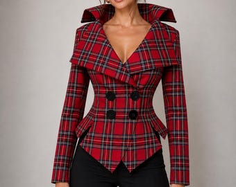 May include: A red plaid blazer featuring a large, wide collar, long sleeves, and a double-breasted front with four black buttons. The jacket has a fitted waist and a pointed, asymmetrical hemline that extends below the waistline.