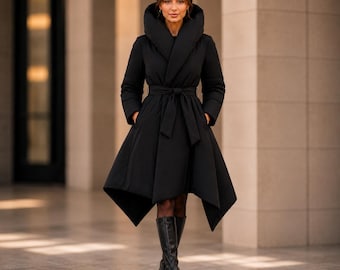 Black Hooded Winter Coat, Asymmetrical Puffer Coat, Belted Wrap Coat, Women’s Long Padded Coat