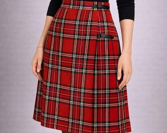 Red Tartan Wrap Skirt, Plaid Pleated Skirt Women, High Waist Kilt Style Skirt, Preppy Skirt, Scottish Style Skirt, Fall Outfit