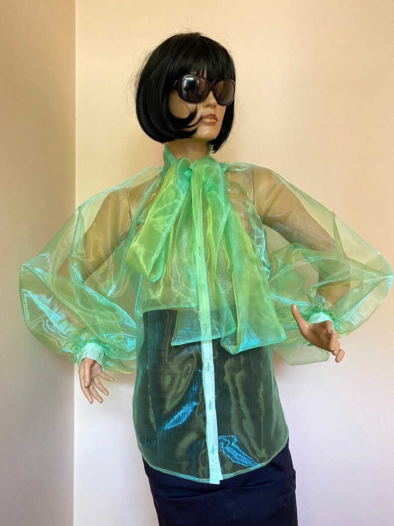 May include: A sheer green blouse with a large bow at the neck. The blouse has long, puffed sleeves and a button-up front.
