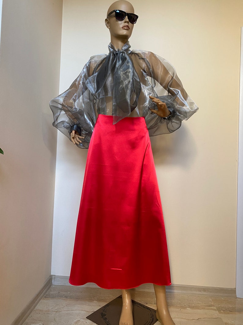 Red A line satin midi maxi satin skirt