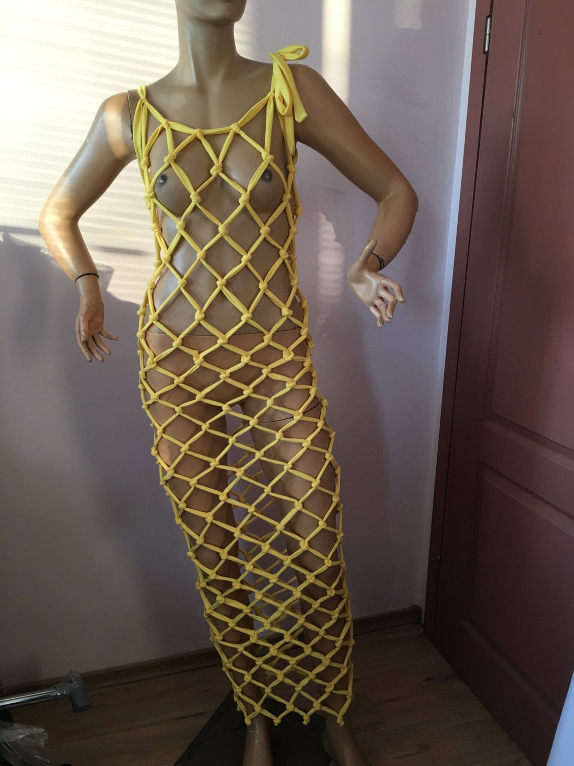 Yellow Fishnet Mesh Top,fishnet Dress,netted Women Tops ,go Go Dance Club  Wear Rave,black Stretched Cover up Dress 