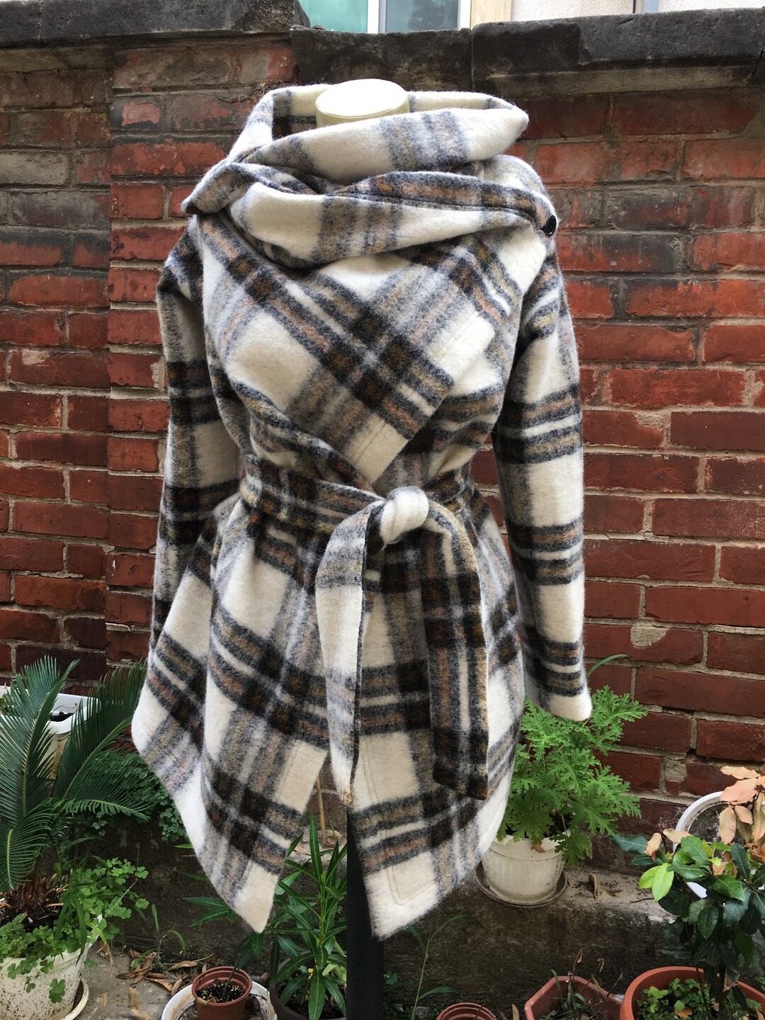 Blanket Wrap Coat, Square Coat, Wool Wrapped Coat, White Tartan Plaid