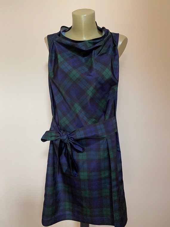 Black watch tartan summer casual short dress Blue and green plaid day dress Minimalist dress