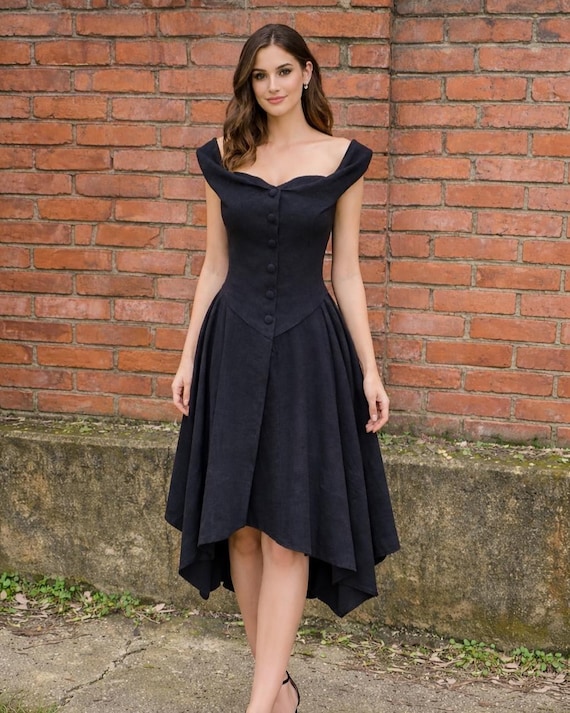 knee length corset dress Black Linen Dress, off Shoulder Midi Dress, Victorian Steampunk Dress, Cottagecore Linen Dress, Fit and Flare ModelT_Hoco