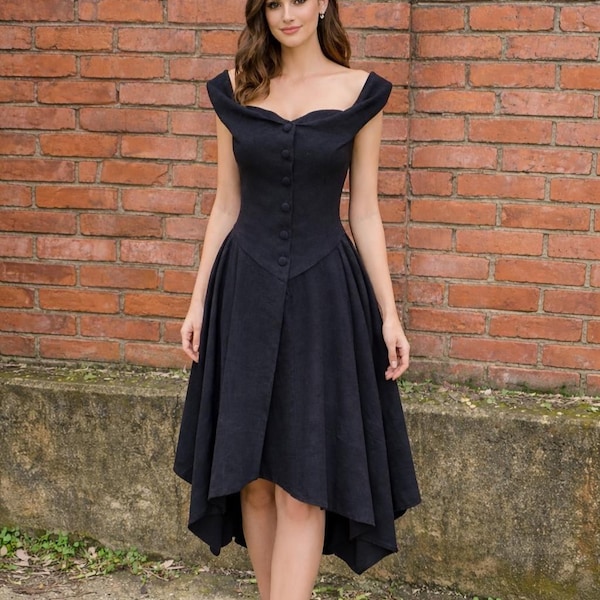 Black Linen Corset Dress, Off Shoulder Midi Dress, Victorian Steampunk Dress, Cottagecore Linen Dress, Fit and Flare Dress