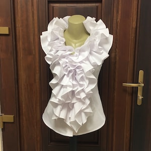 Ruffled Cotton Shirt/Womens white romantic blouse/Sleeveless  cotton blouse, Pirate blouse, Casual blouse/Sexy shirt